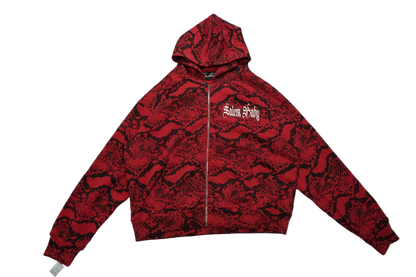 Medusalem Red Snake Camo Rhinestone Full Zip Hoodie