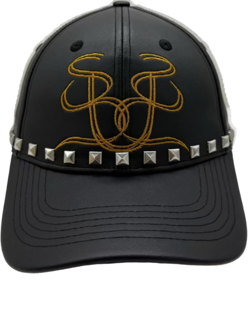 Black cap with gold embroidery and studded details