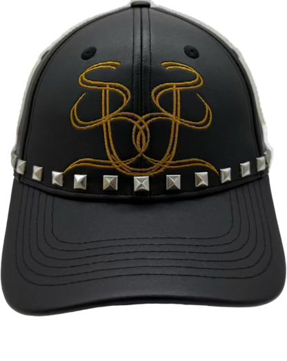 Black cap with gold embroidery and studded details